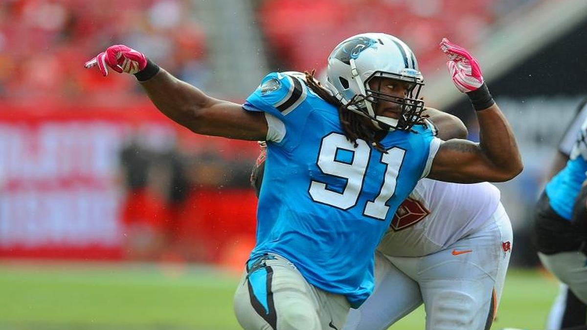 Reactivating Carolina Panthers defensive end Ryan Delaire (91) gives the Panthers another edge-rushing option against the Raiders this week.