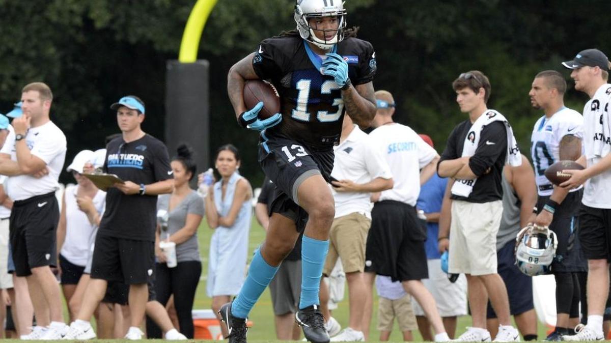Carolina Panthers wide receiver Kelvin Benjamin (13) is being brought along slowly after tearing his ACL in training camp a year ago.
