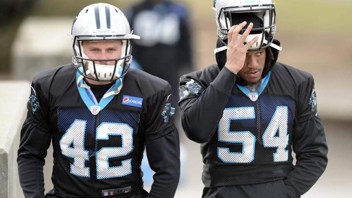 Carolina linebacker Shaq Thompson (54) posted a video that included profanity on the social media site Snapchat after Sunday’s victory over Seattle. It has since been deleted.