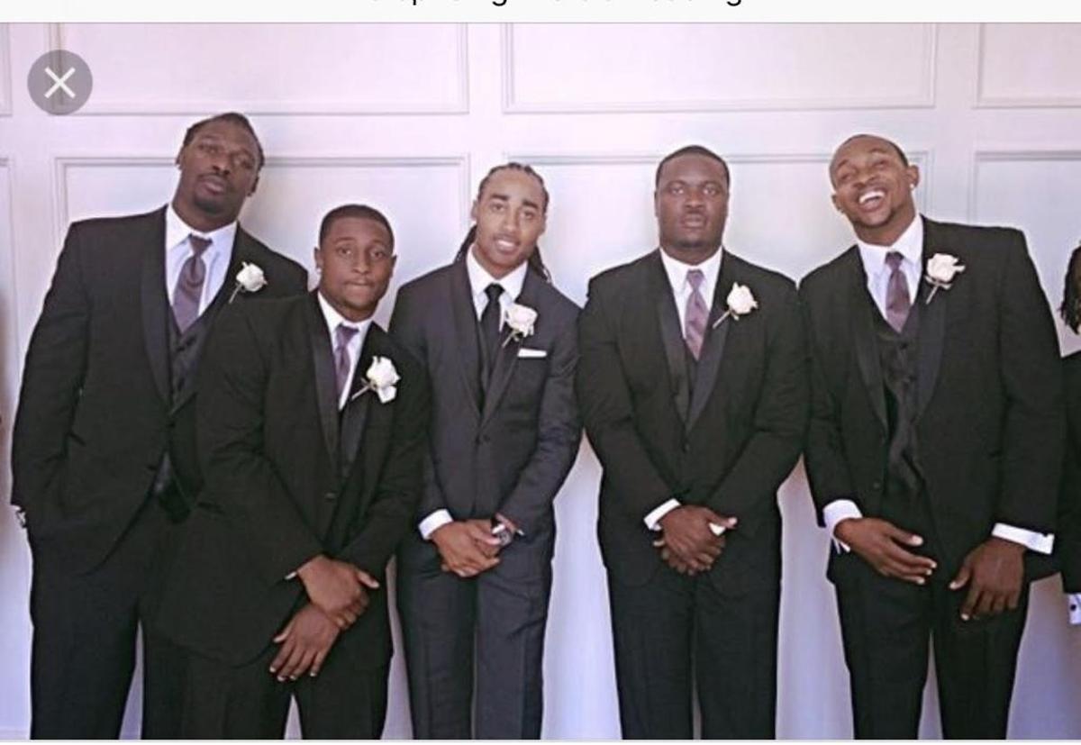 Former Gamecocks wide receiver Alshon Jeffery (far right) was a groomsman at the Charlotte wedding of former teammate Stephon Gilmore (center). The two will meet on the field Sunday when Jeffery’s Philadelphia Eagles face Gilmore’s New England Patriots in Super Bowl LII in Minneapolis. Also pictured are Texans star Jadeveon Clowney (far left), Chargers LB Melvin Ingram (second from right) and ex-Gamecocks DB Akeem Auguste (second from left).