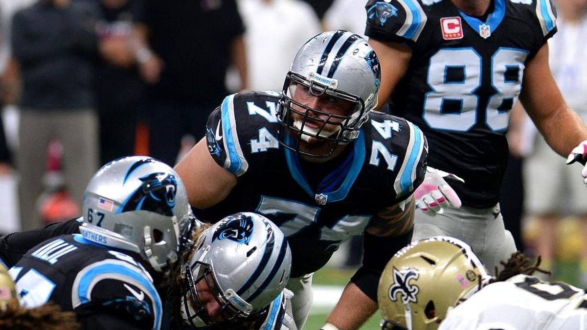 Panthers tackle Mike Remmers looks at quarterback Cam Newton as he calls signals during the first quarter at New Orleans on Oct. 16. Remmers has played 406 of the 408 offensive snaps this season, and has shifted positions as injuries dictate.