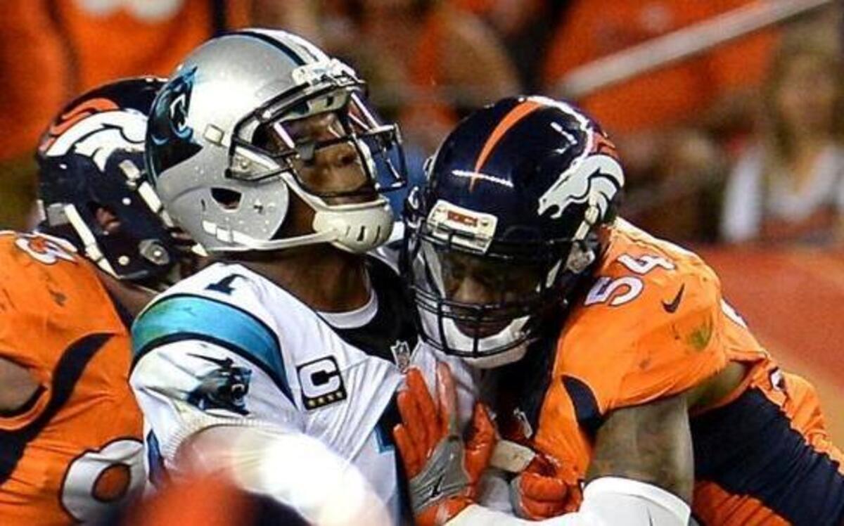 Carolina Panthers quarterback Cam Newton took at least four shots to the head, including this one from linebacker Brandon Marshall, in Thursday’s loss to the Denver Broncos. Marshall was one of two Broncos fined for hits on Newton during the game.