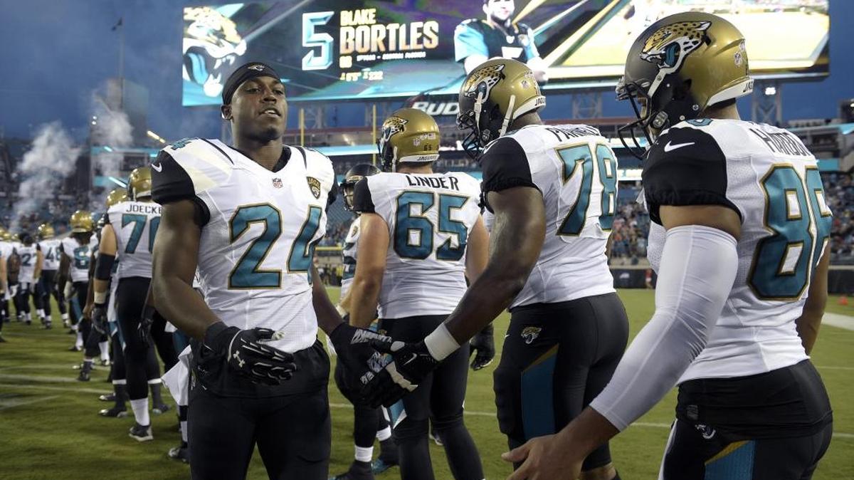 
Jacksonville Jaguars running back T.J. Yeldon (24) is set to become the youngest starting tailback in team history on Sunday. 
