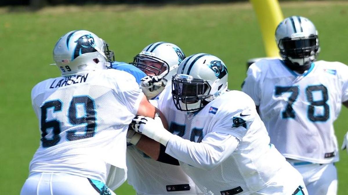 From an undrafted free agent to third-string center, Carolina Panthers center Tyler Larsen (69) gets his chance in tough circumstances Sunday night at Seattle.