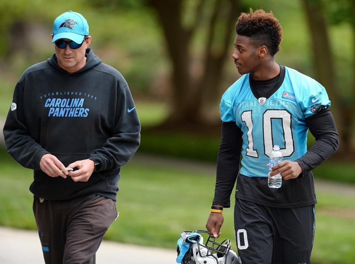 Rookie wide receiver Curtis Samuel, right, gives offensive coordinator Mike Shula, left, a versatile option to expand the offense this season.