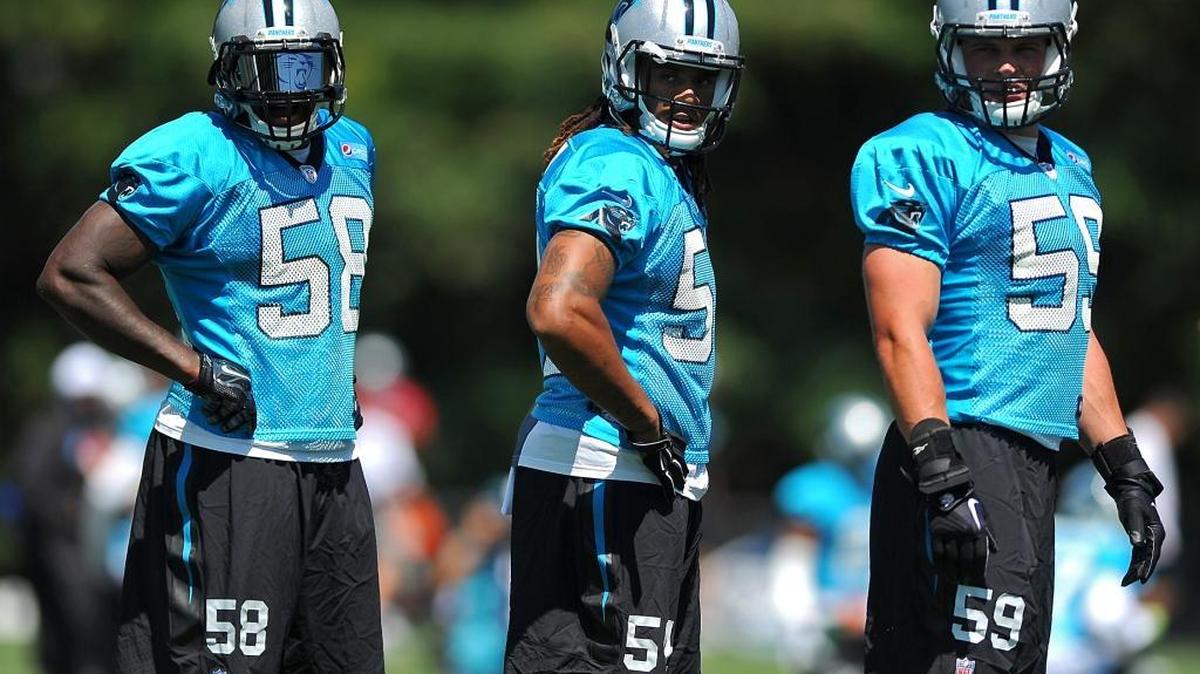 
The versatility of Carolina Panthers linebacker Shaq Thompson (center) could mean different looks for Thomas Davis (58) and Luke Kuechly (59) in the defense. 
