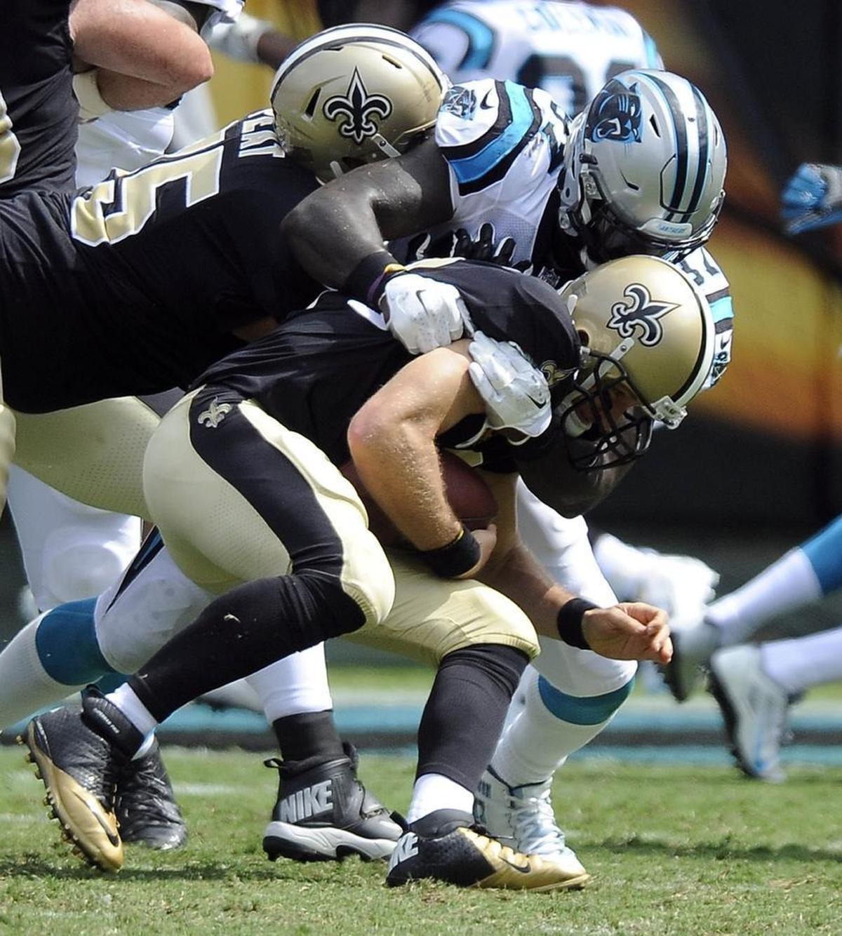 Carolina Panthers defensive end Mario Addison (97), with his combination of speed and surprising power, is particularly important against the New Orleans Saints and quarterback Drew Brees (9), who is known for his quick release.