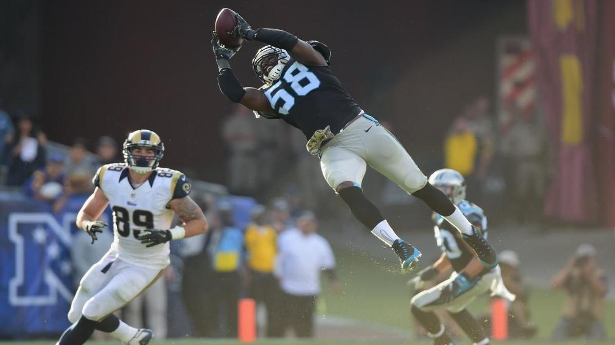 Carolina Panthers linebacker Thomas Davis had a leaping interception against the Rams that showed his explosive ability at age 33.