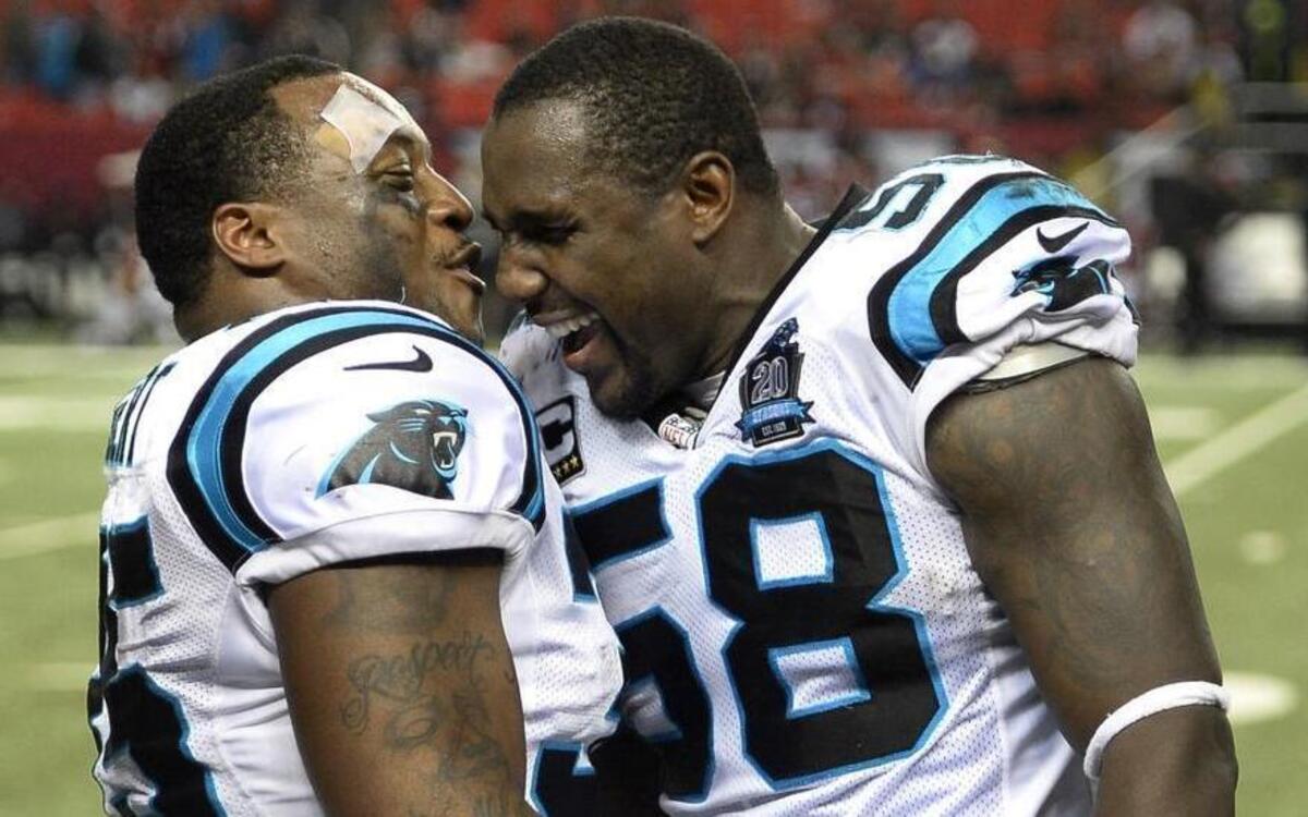 Former Carolina Panthers teammates Mike Tolbert (35) and Thomas Davis (58) will meet again on Sunday, from opposite sidelines. Tolbert now plays for the Buffalo Bills, and will face Davis while on an opposing team for the second time in his career.