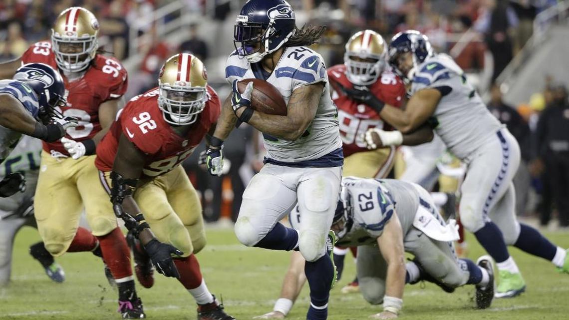 Seattle Seahawks running back Marshawn Lynch (24) has not played since Nov. 15 and had abdominal surgery Nov. 25. He was a full participant in practice on Wednesday.