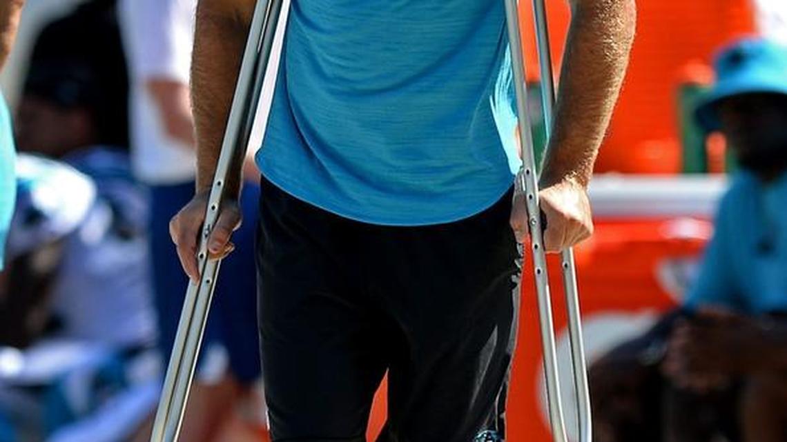 Carolina Panthers tight end Greg Olsen stands along the team's sideline during third quarter action against the Buffalo Bills on Sunday, September 17, 2017 at Bank of America Stadium in Charlotte, NC. Olsen broke his right foot during second quarter play. He was placed on injured reserve Tuesday.