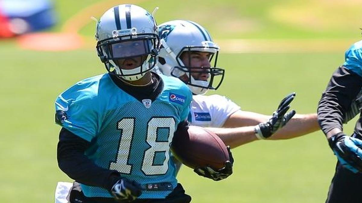 Carolina Panthers wide receiver Damiere Byrd, left, sprints downfield following a pass reception during the team's rookie minicamp practice on Saturday.