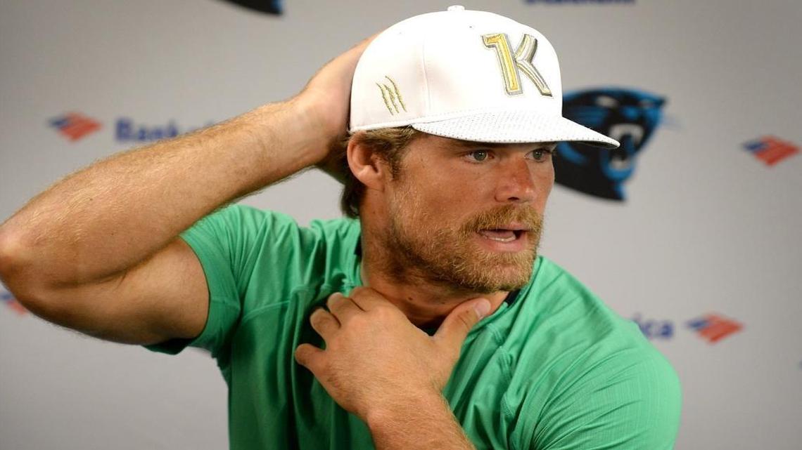Carolina Panthers tight end Greg Olsen’s custom-made New Era hat commemorates his status as the first tight end in league history to record three consecutive seasons with 1,000 receiving yards.