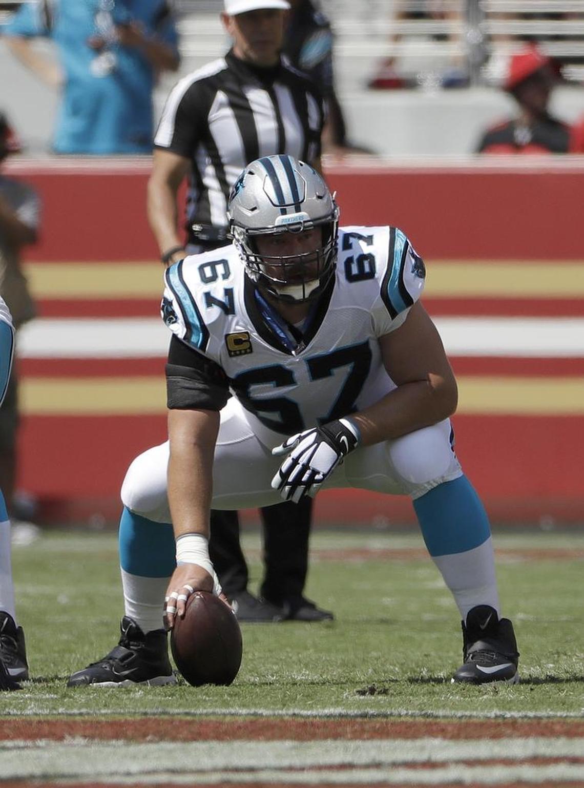 Carolina Panthers center Ryan Kalil (67) sat out Sunday’s game against Buffalo with a stiff neck, then didn’t practice on Wednesday.