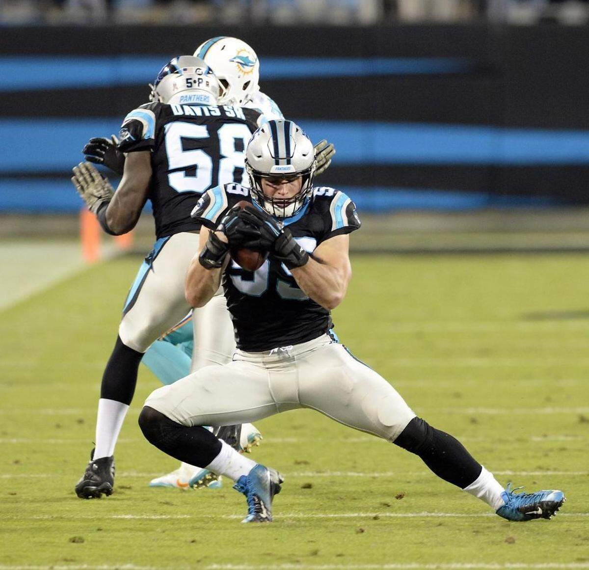 Carolina Panthers middle linebacker Luke Kuechly’s interception came deep in Miami territory and set Carolina up to score right before halftime, a 14-point swing that proved to be insurmountable.
