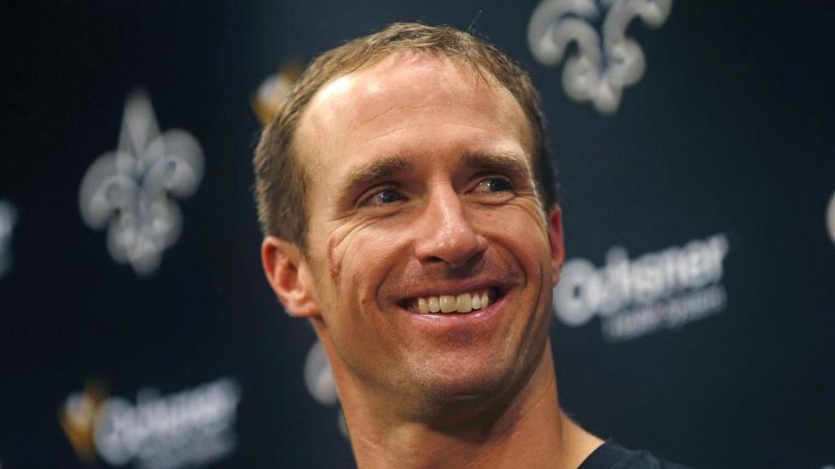 
New Orleans Saints quarterback Drew Brees talks to the media about his shoulder injury from last Sunday at the team’s training facility in Metairie, La.
