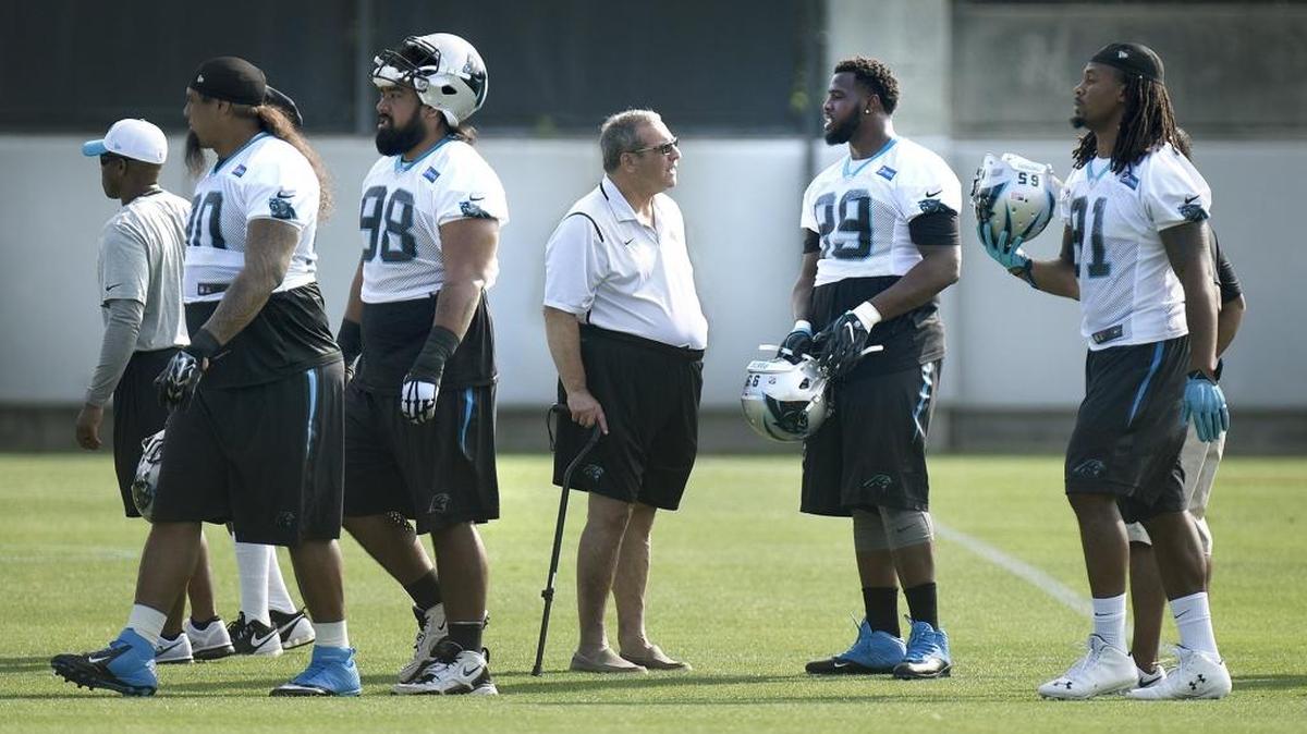 Panthers general manager Dave Gettleman and defensive tackle Kawann Short (99) were talking this week, but contract negotiations between the two are ongoing. ,