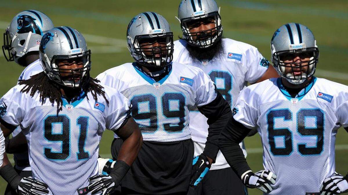Carolina Panthers defensive end Jared Allen (69) waits with teammates to begin a drill during practice on Thursday. Allen says he’s ready to go for Sunday against Philadelphia.