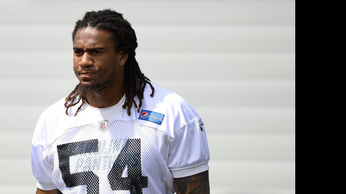 
Carolina Panthers linebacker Shaq Thompson walks to practice on June 11, 2015.
