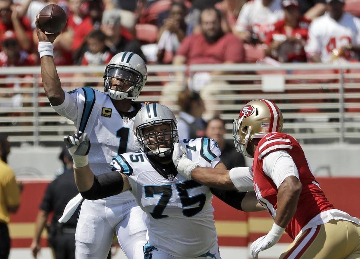 Carolina Panthers starting left tackle Matt Kalil (center) was absent from Sunday’s practice.