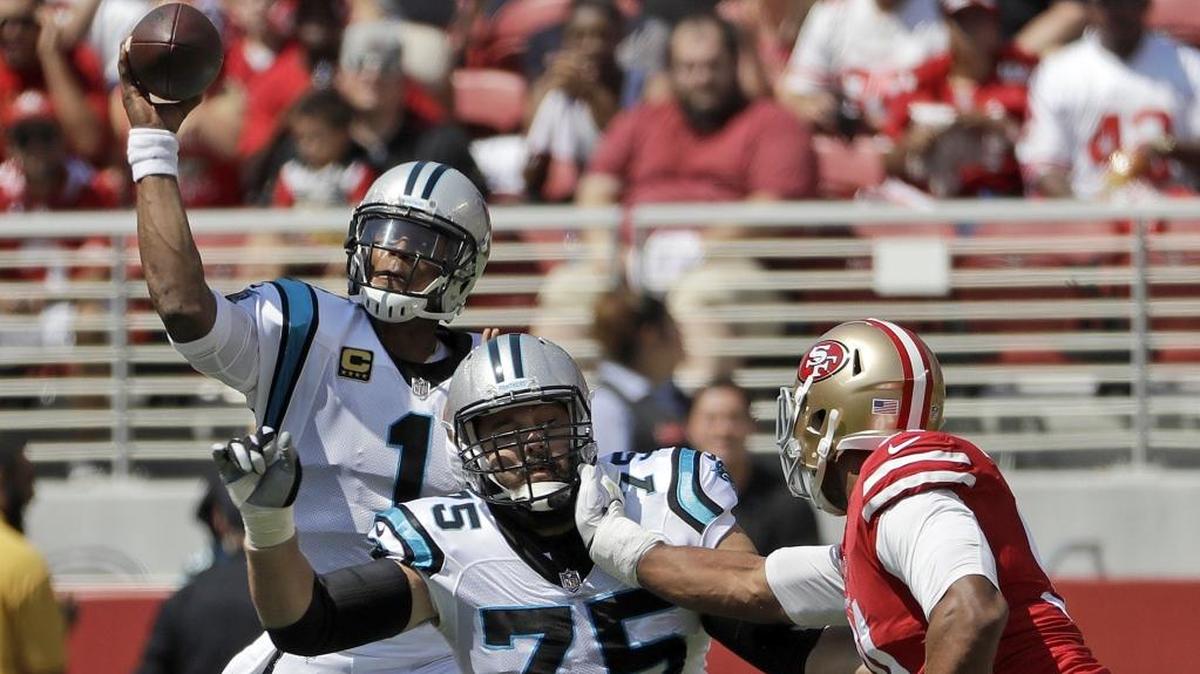Carolina Panthers starting left tackle Matt Kalil (center) was absent from Sunday’s practice.