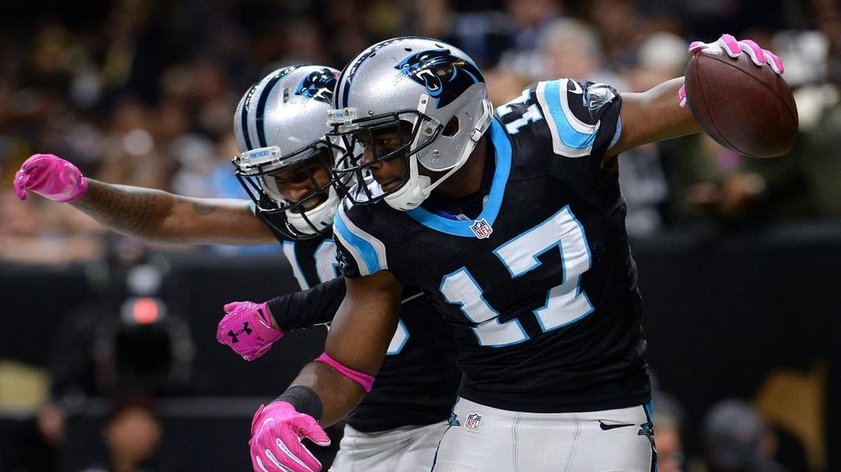 Carolina Panthers wide receivers Philly Brown, left and Devin Funchess celebrate Funchess' touchdown reception from quarterback Cam Newton on Sunday.