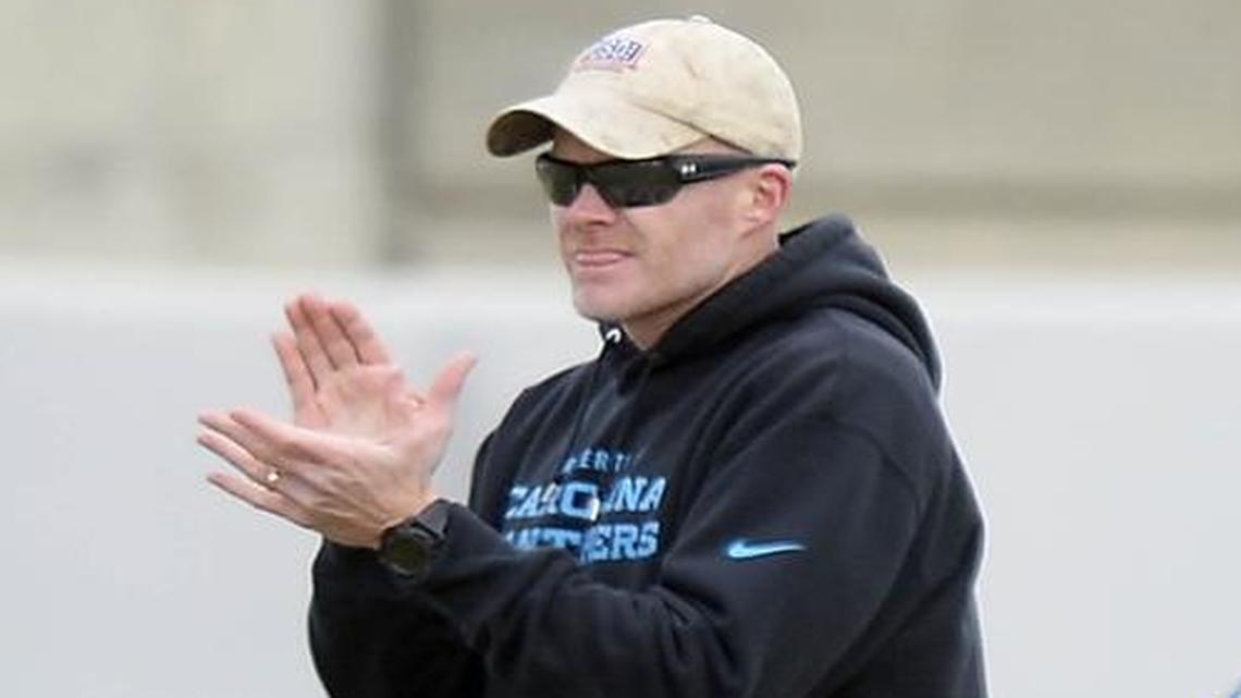 Carolina Panthers defensive coordinator Sean McDermott applauds his players during practice on Wednesday, January 20, 2016 in preparation for their NFC Championship game against the Arizona Cardinals.