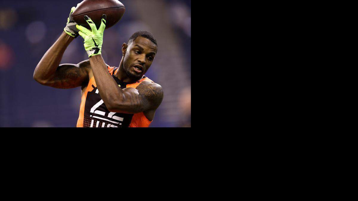 
East Carolina wide receiver Justin Hardy runs a drill at the NFL football scouting combine in Indianapolis in February.

