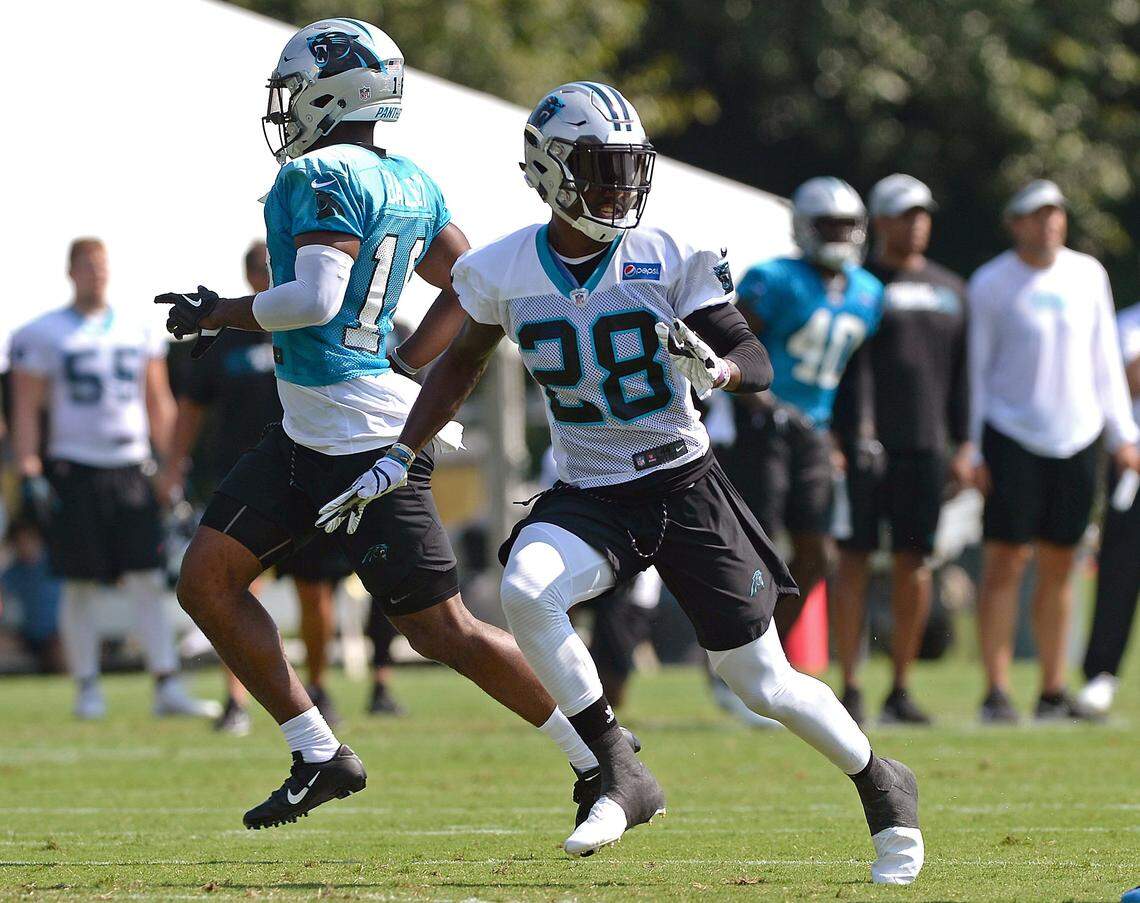 Carolina Panthers safety Rashaan Gaulden, center, looks to keep up with the movement of the ball during practice at Wofford College in Spartanburg, SC.