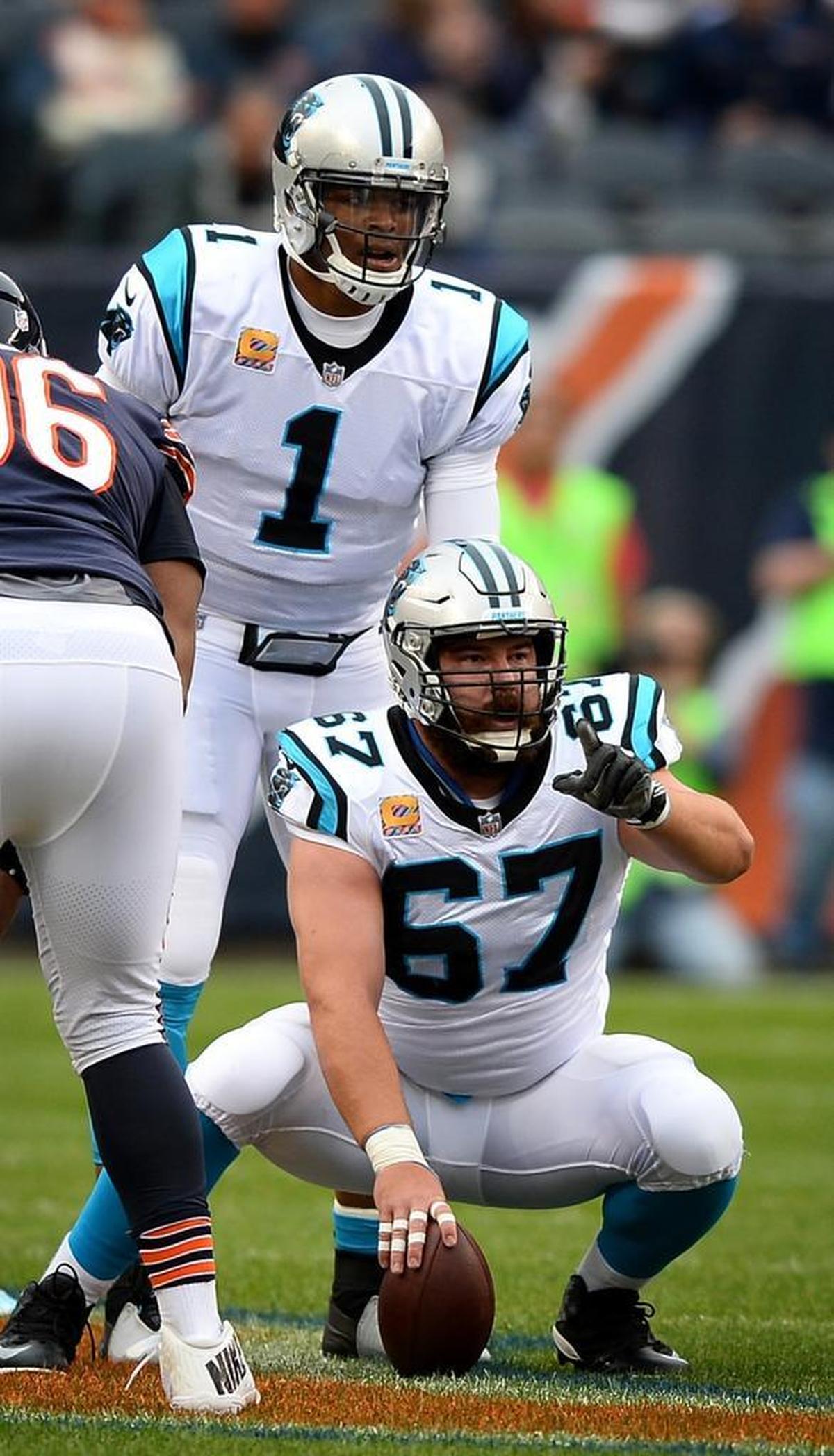 Panthers center Ryan Kalil (67) is questionable for Sunday’s game vs. the Jets. Kalil aggravated a neck injury last month at Chicago.