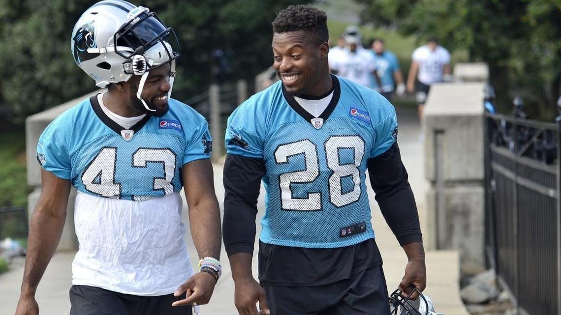 Carolina Panthers running back Jonathan Stewart (28), who has been dealing with a foot injury, participated in Tuesday’s practice, moving and cutting well.