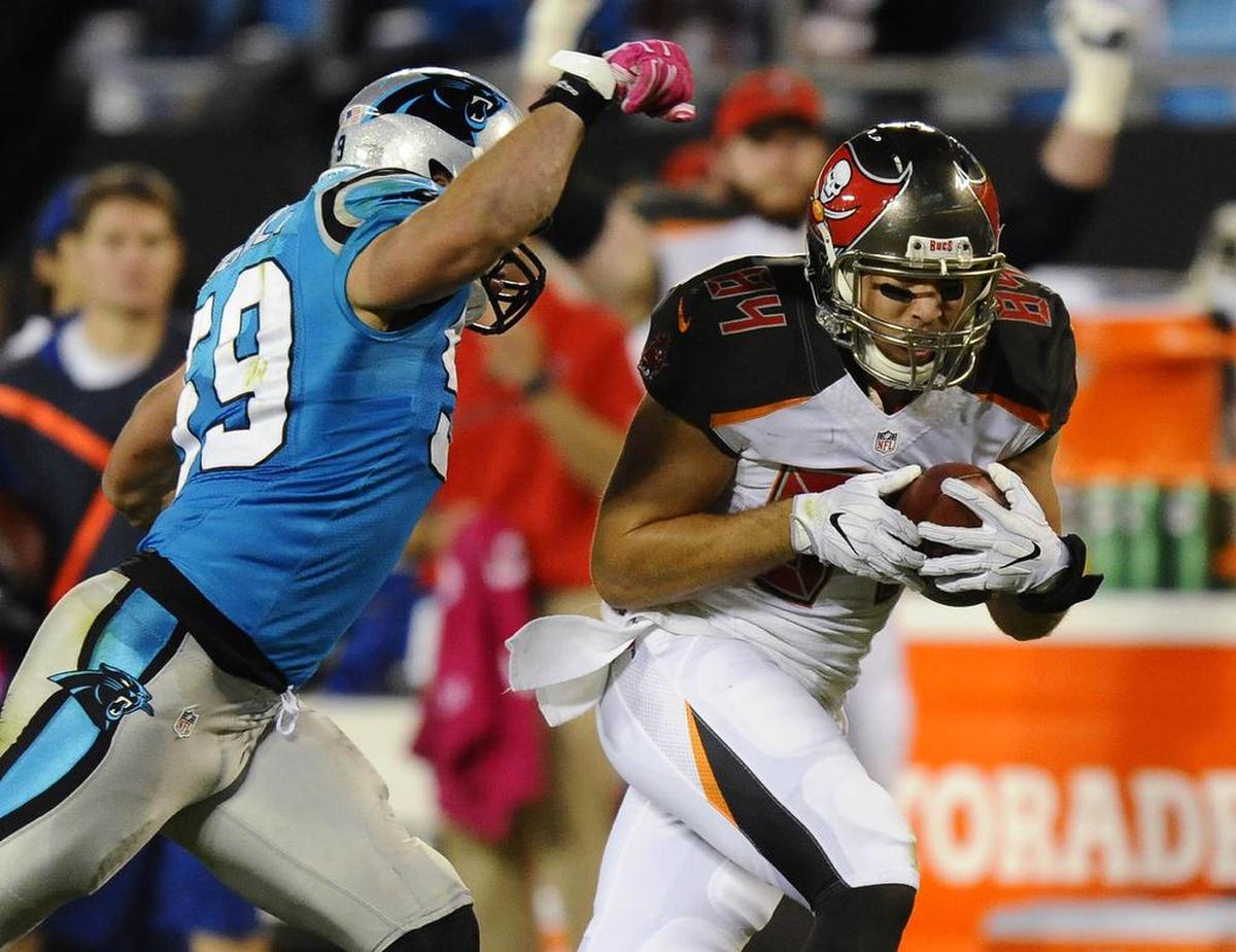 Tampa Bay Buccaneers tight end Cameron Brate (84) is a safe bet to find the endzone against the Carolina Panthers this weekend.