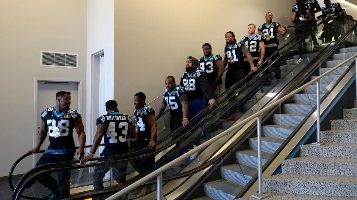 Members of the Carolina Panthers arrive for the player media availability session on Wednesday, February 3, 2016 at the San Jose Convention Center in San Jose, CA.