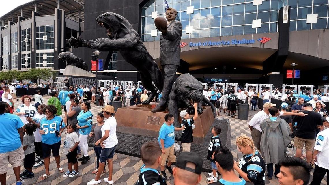 Fans gather outside waiting to enter Bank of America Stadium for Fan Fest Aug. 5, 2016.