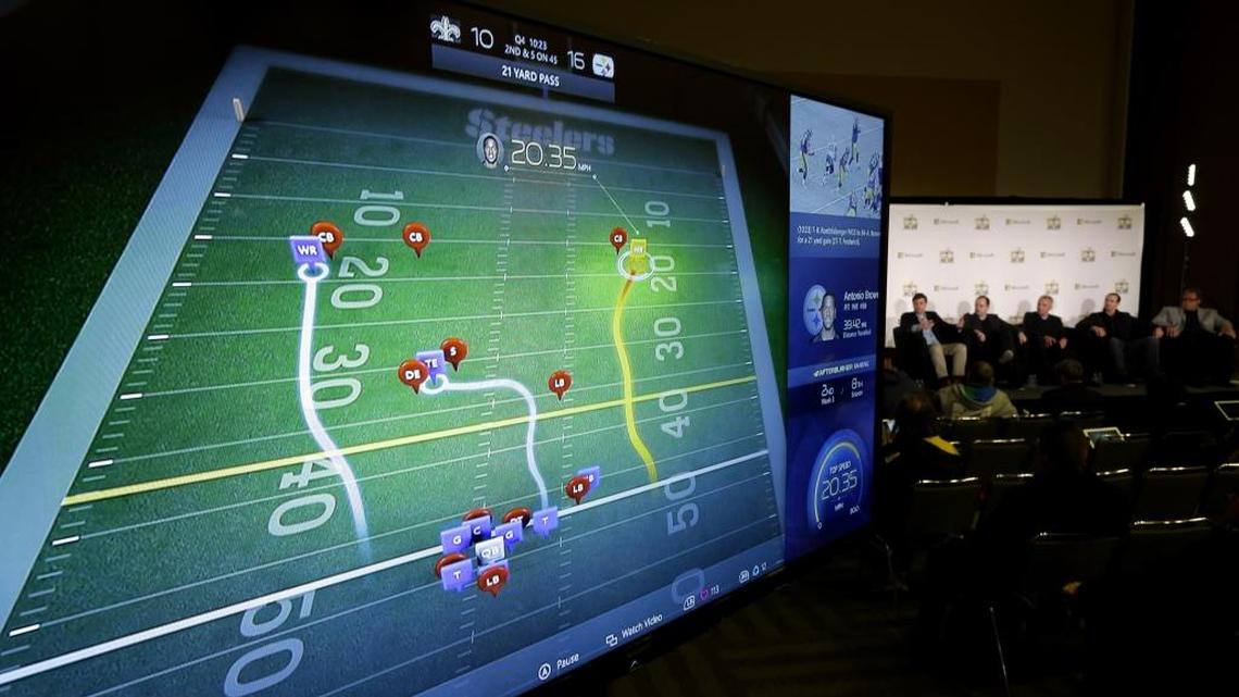 A monitor shows a technology idea as participants speak during a news conference about the role of technology in the NFL Tuesday, in San Francisco. With the 50th Super Bowl days away, the NFL is looking toward the future and how technology can change the game on the field and how it's viewed by fans over the next half-century. (AP Photo/David J. Phillip)