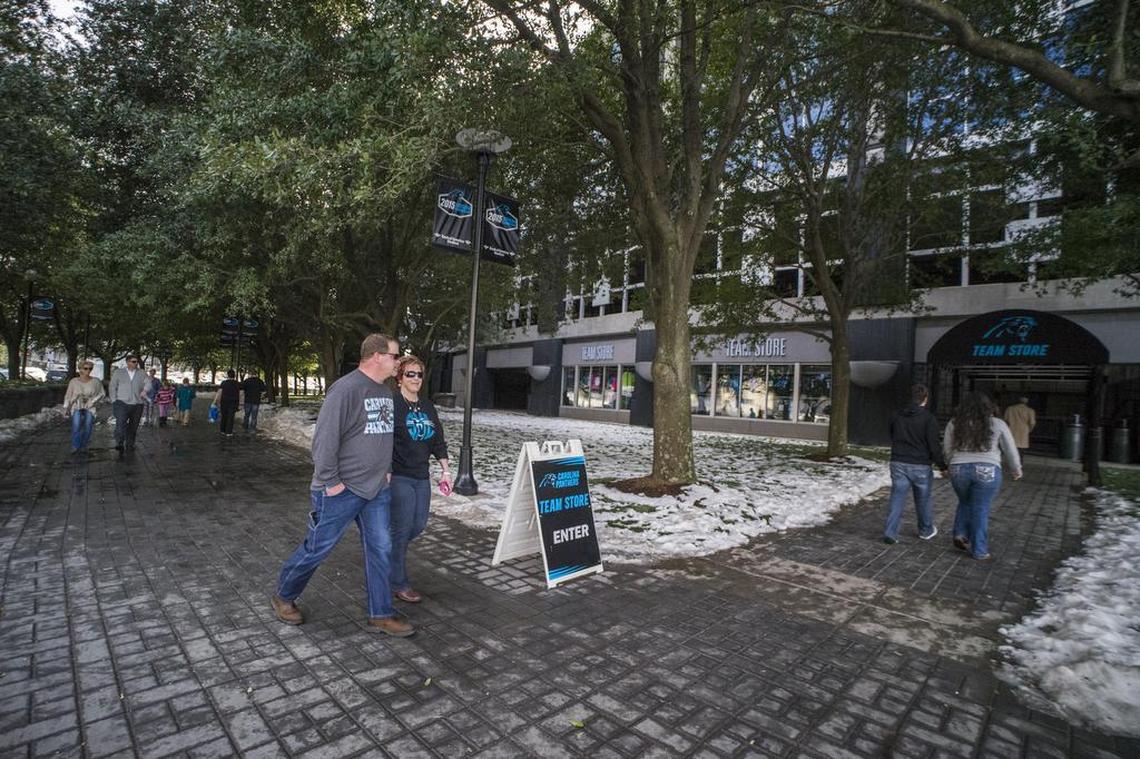 Fans crowding into the Panthers team store at Bank of America Stadium.