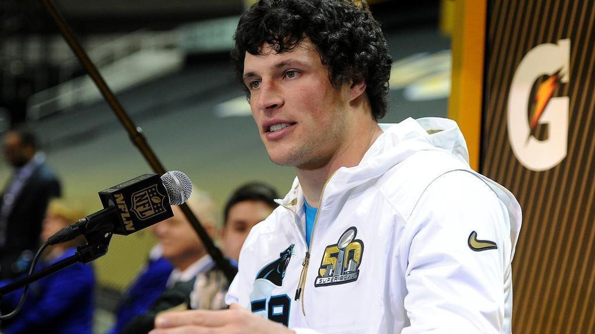 Carolina Panthers linebacker Luke Kuechly responds to a reporter's question during the Super Bowl Opening Night at SAP Center in San Jose, CA. The Carolina Panthers will face the Denver Broncos in Super Bowl 50 on Sunday, February 7, 2016 in Santa Clara, CA.