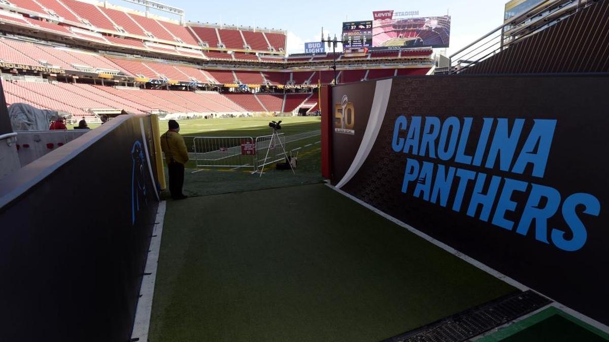 The walls of the Carolina Panthers' entrance to the field are decorated during a tour on Tuesday, February 2, 2016 of Levi's Stadium in Santa Clara, CA, site of Super Bowl 50.