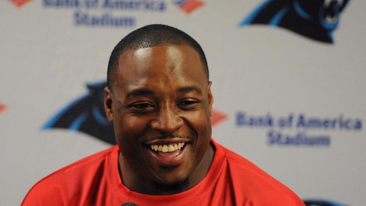 Carolina Panthers fullback Mike Tolbert smiles as he responds to a reporter’s question during an interview at Wofford College in Spartanburg, SC on July 31, 2015.