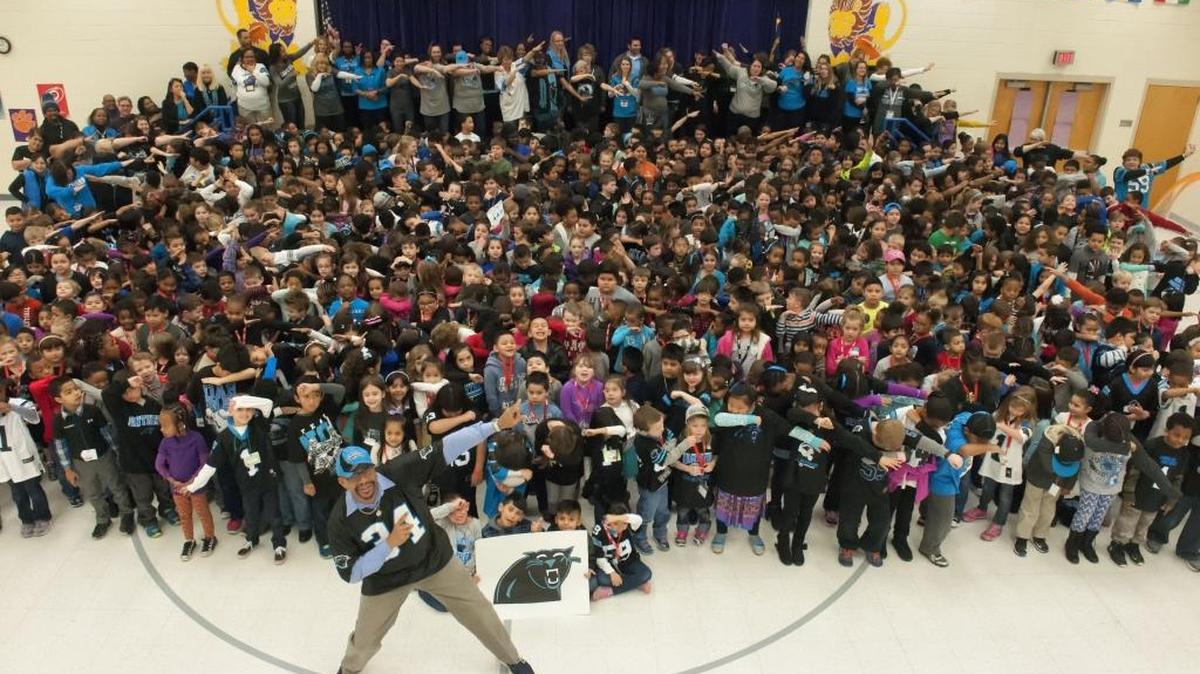 Students and faculty at Charlotte-Mecklenburg’s Crown Point Elementary School turned out in Panthers gear on Friday.