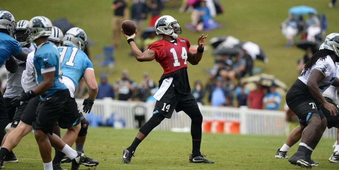 Carolina Panthers quarterback Joe Webb (14) drops back to pass during training camp at Wofford College in Spartanburg, SC on Tuesday, August 8, 2017.