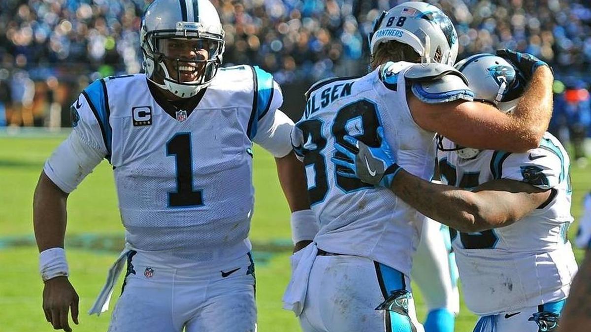 Carolina Panthers celebrate on the sidelines.