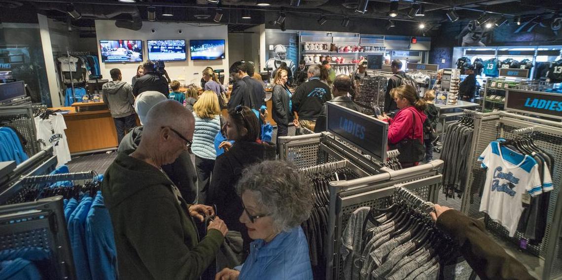 Fans crowded into the Panthers team store at Bank of America Stadium on Monday, 01.25.16, buying shirts, caps and anything else for sale.