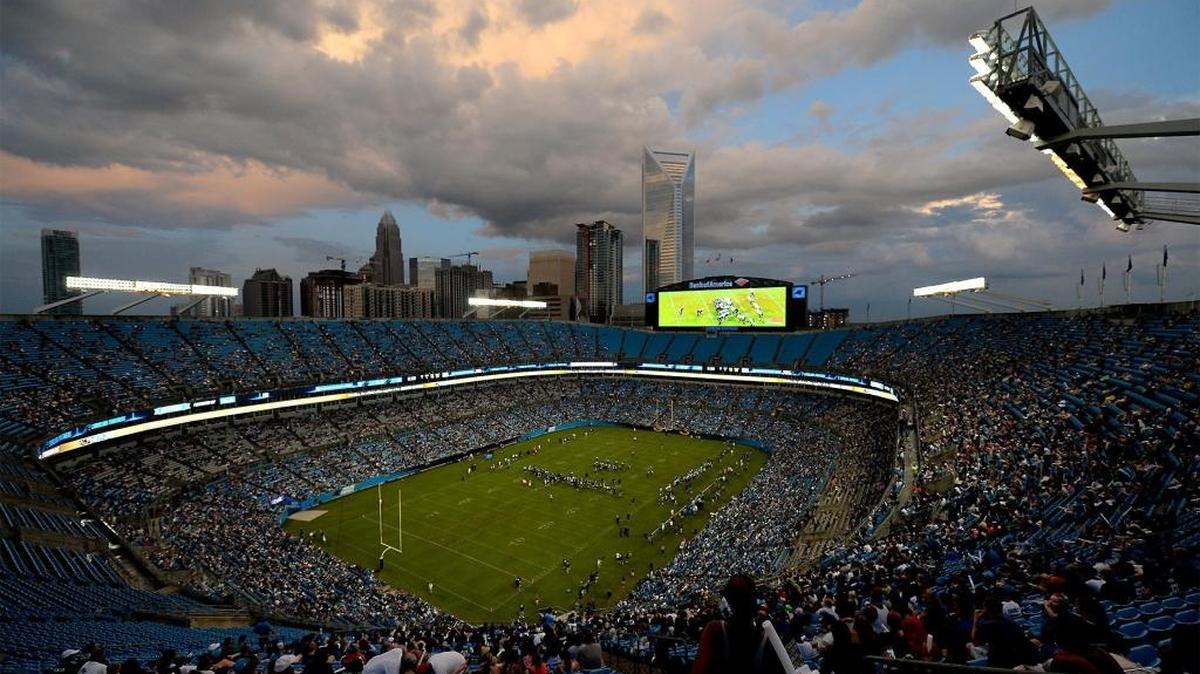 Following a heavy rain, clouds pass over Bank of America Stadium during the Carolina Panthers Fan Fest on Friday, Aug. 5, 2016 in Charlotte, NC.