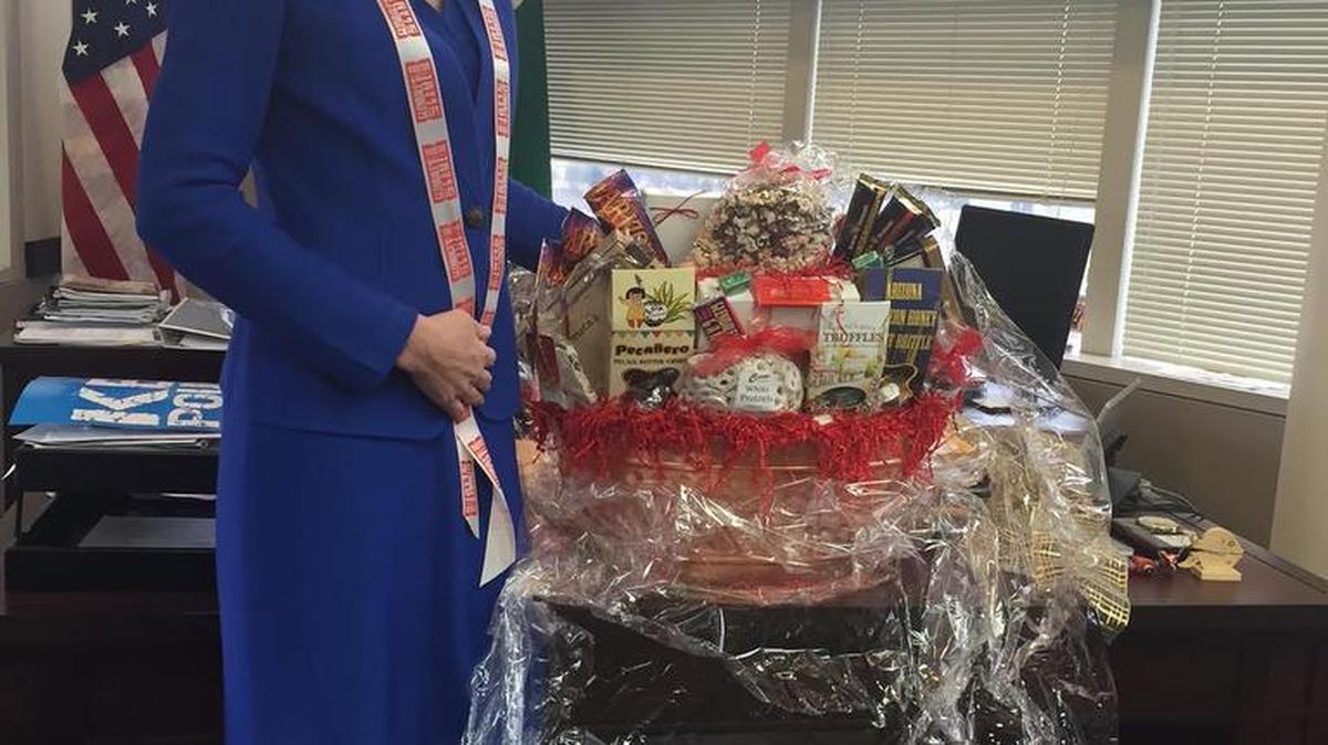 Jennifer Roberts’ office has already scored a candy basket from Arizona. Still to come: Tamales, and a few goodies from Seattle.