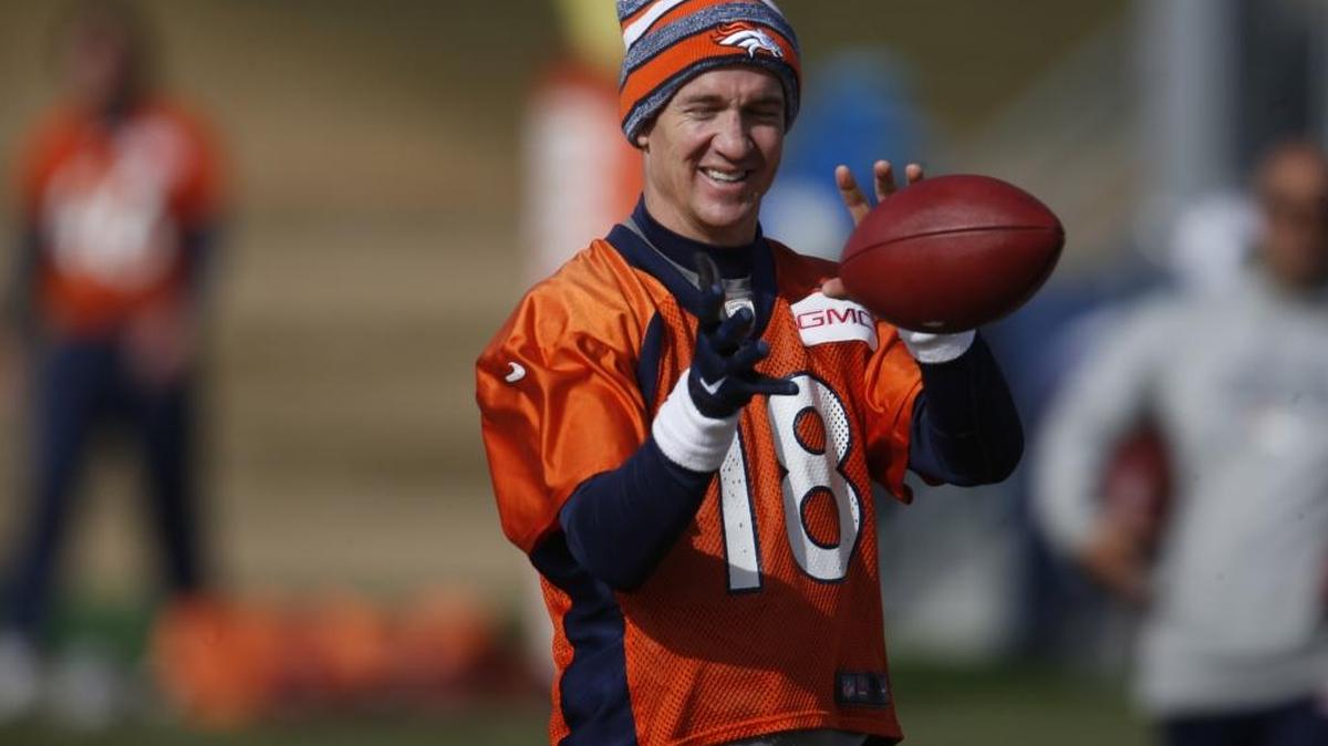 Denver Broncos quarterback Peyton Manning (18) during an NFL football practice at the team's headquarters Saturday, Jan. 30, 2016, in Englewood, Colo. The Broncos are preparing to face the Carolina Panthers in Super Bowl 50 on Sunday, Feb. 7. (AP Photo/David Zalubowski)
