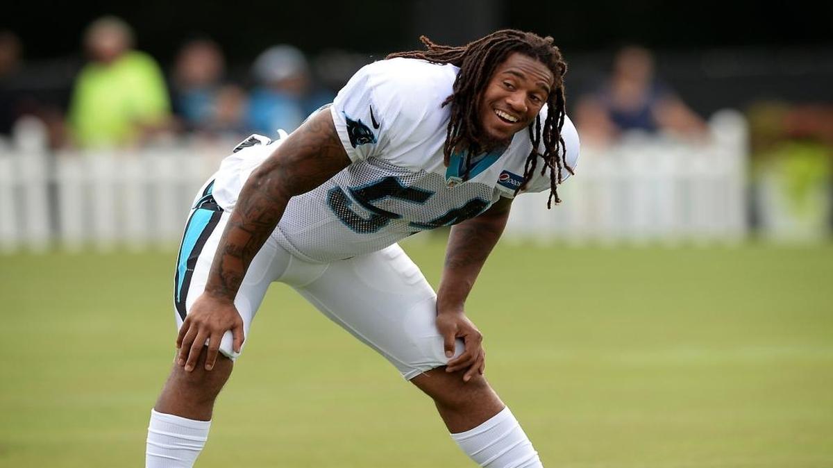 Carolina Panthers linebacker Shaq Thompson laughs with his teammates at Luke Kuechly's impression during practice at Wofford College in Spartanburg, SC on July 30, 2016.