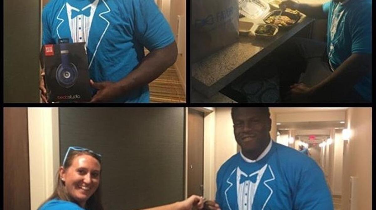 Carolina Panthers defensive end Kony Ealy was promoting Favor’s free restaurant delivery this week on social media.