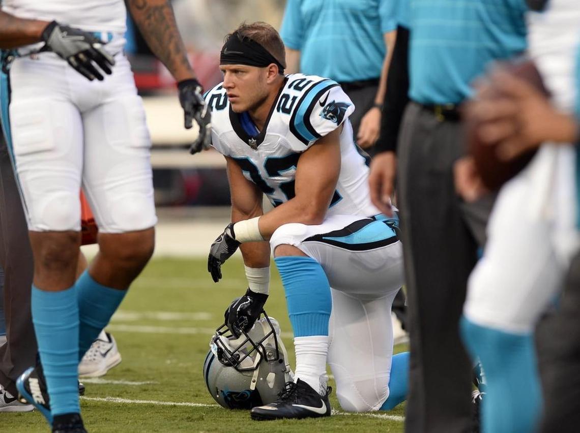 Carolina Panthers running back Christian McCaffrey (22) looks around during warmups prior to playing the Houston Texans in their preseason game at Bank of America Stadium on Wednesday, August 9, 2017. The Panthers led 17-10 at halftime.