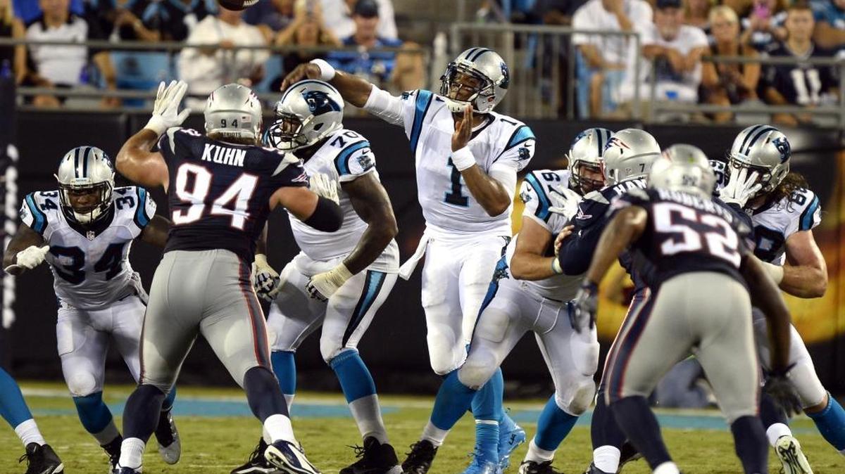 Carolina Panthers quarterback Cam Newton (1) throws downfield against the New England Patriots during their preseason exhibition game at Bank of America Stadium on Friday, Aug. 26, 2016.